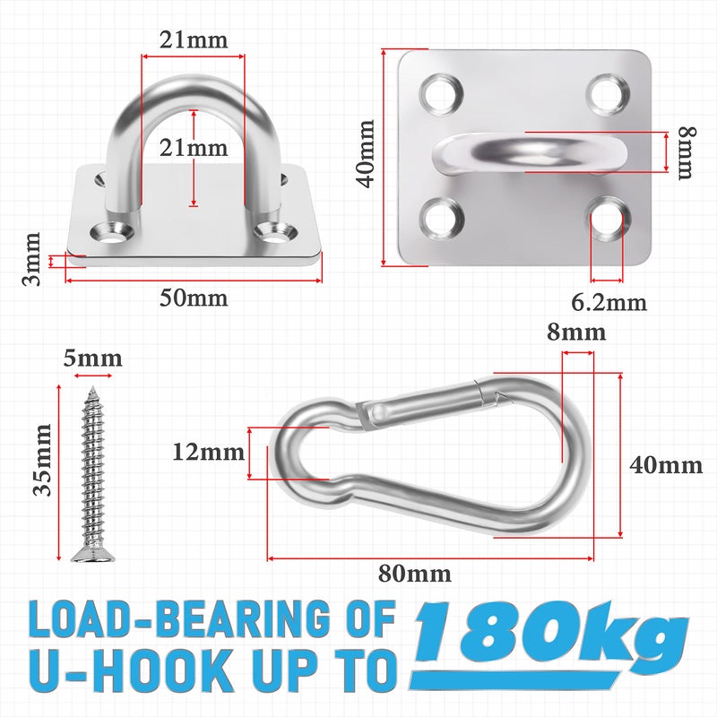 PAMAZY 2PCS M8 Premium Heavy Duty Square Stainless Steel Pad Eye Hooks + 2PCS Snap Hooks and 8PCS Screws with 8PCS Plastic Expansion Tube, Ceiling Hooks Heavy Duty for Outdoor Indoor Activity - Image 3